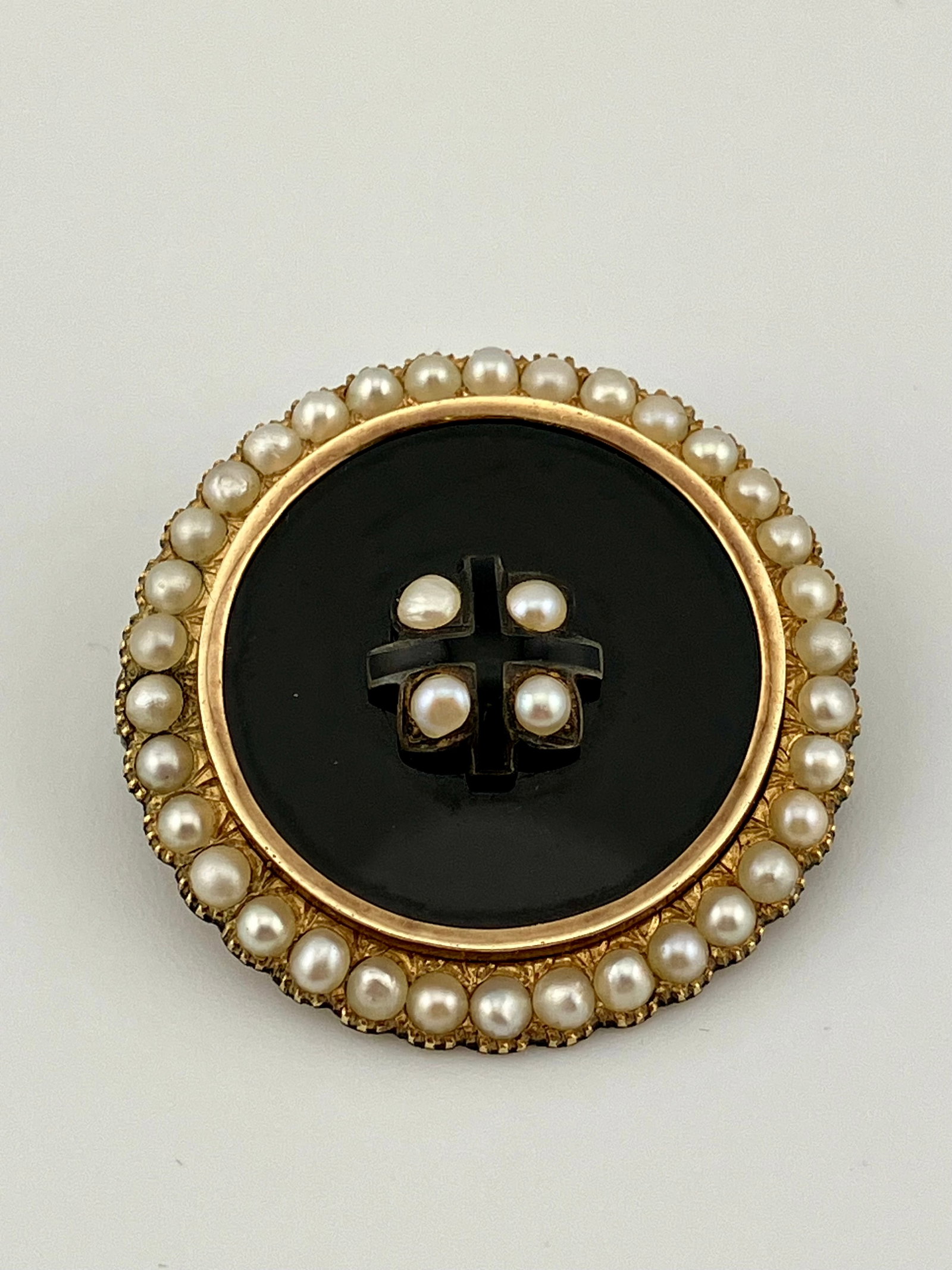 Antique1868 Onyx andn Pearl button Mourning Memorial Brooch: C. 1868 Mourning brooch. Gold rim with black onyx, black enamel and pearls. Back Marked H.C.M. June 2, 1868. Measures 1.25".