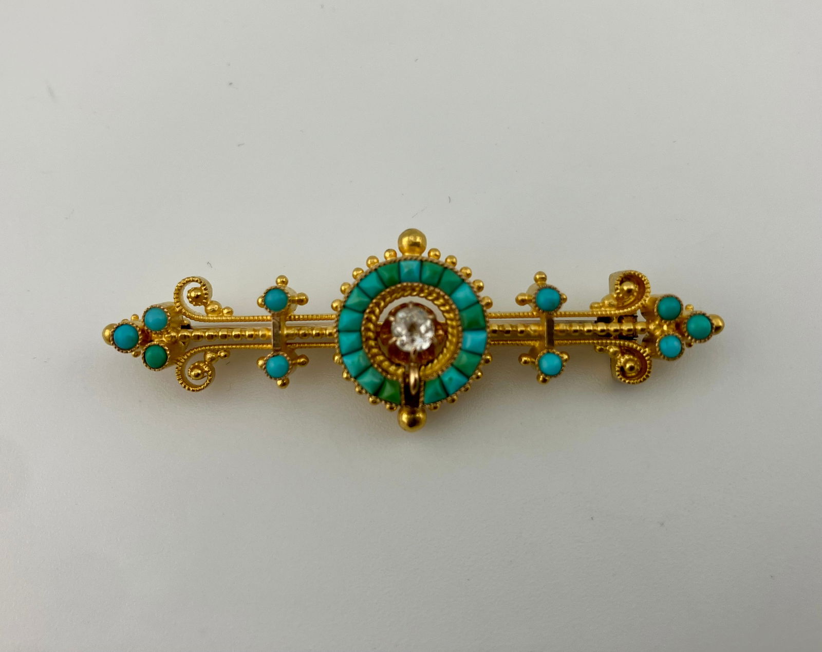 C. 1860 15K Gold Etruscian Brooch with Diamond and Persian Turquoise (1 of 3)