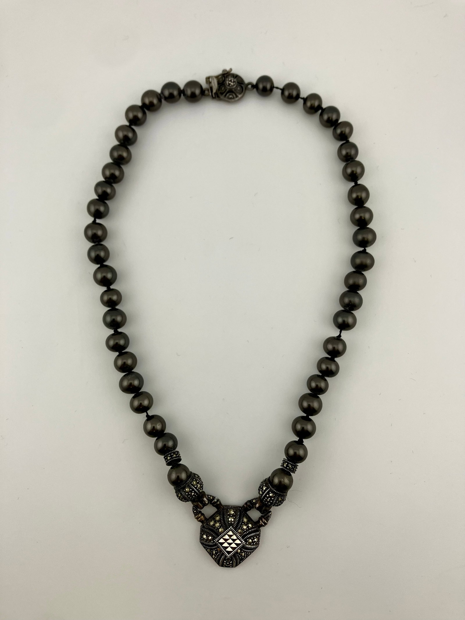 Judith Jack Sterling Marcasite Black Pearl Necklace: Judith Jack Necklace. Black pearls with Marcasite and sterling. 16" long.