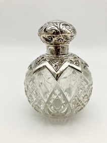 Crystal Perfume Vanity Bottle with Sterling Overlay Collar and Lid
