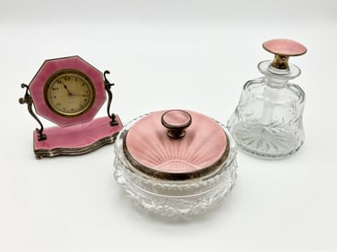 Lot Antique Pink Deco Guilloche Enamel Vanity Clock, Perfume Bottle and Powder Box