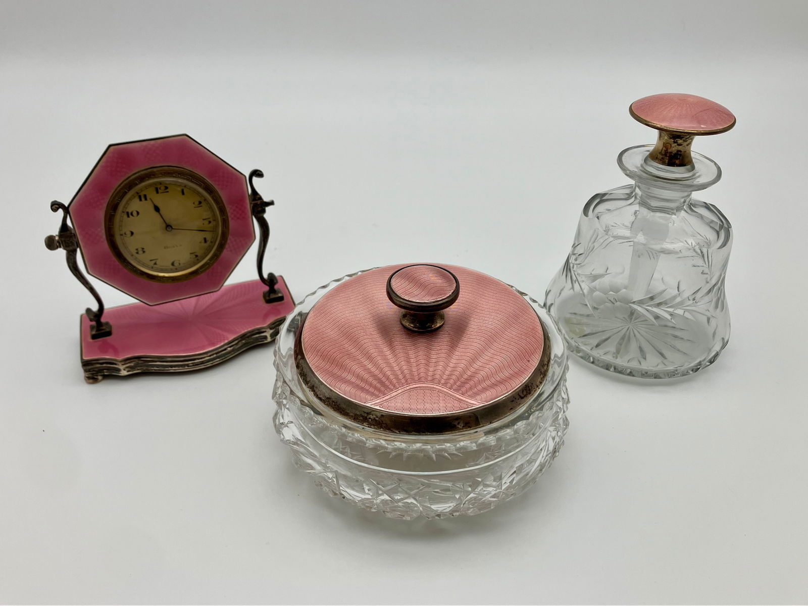 Lot Antique Pink Deco Guilloche Enamel Vanity Clock, Perfume Bottle and Powder Box (1 of 10)