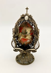 Russian Enamel egg with Filigree stand