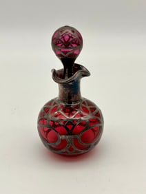 Red Crystal Perfume Vanity Bottle with Sterling Silver Overlay