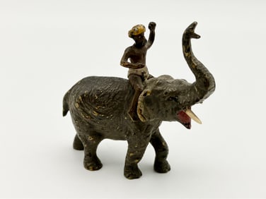 19th c Cold Painted Bronze Elephant & Rider