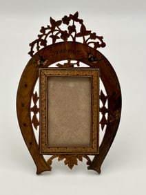 Antique Victorian Wood Horseshoe Picture Frame with Inlay Birds