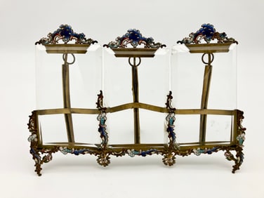 Antique French Champleve Enamel Triple Picture Frame