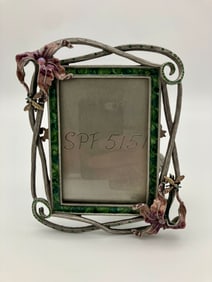 Jay Strongwater Green and Pink Lily Enamel Picture Frame with 2 Bees