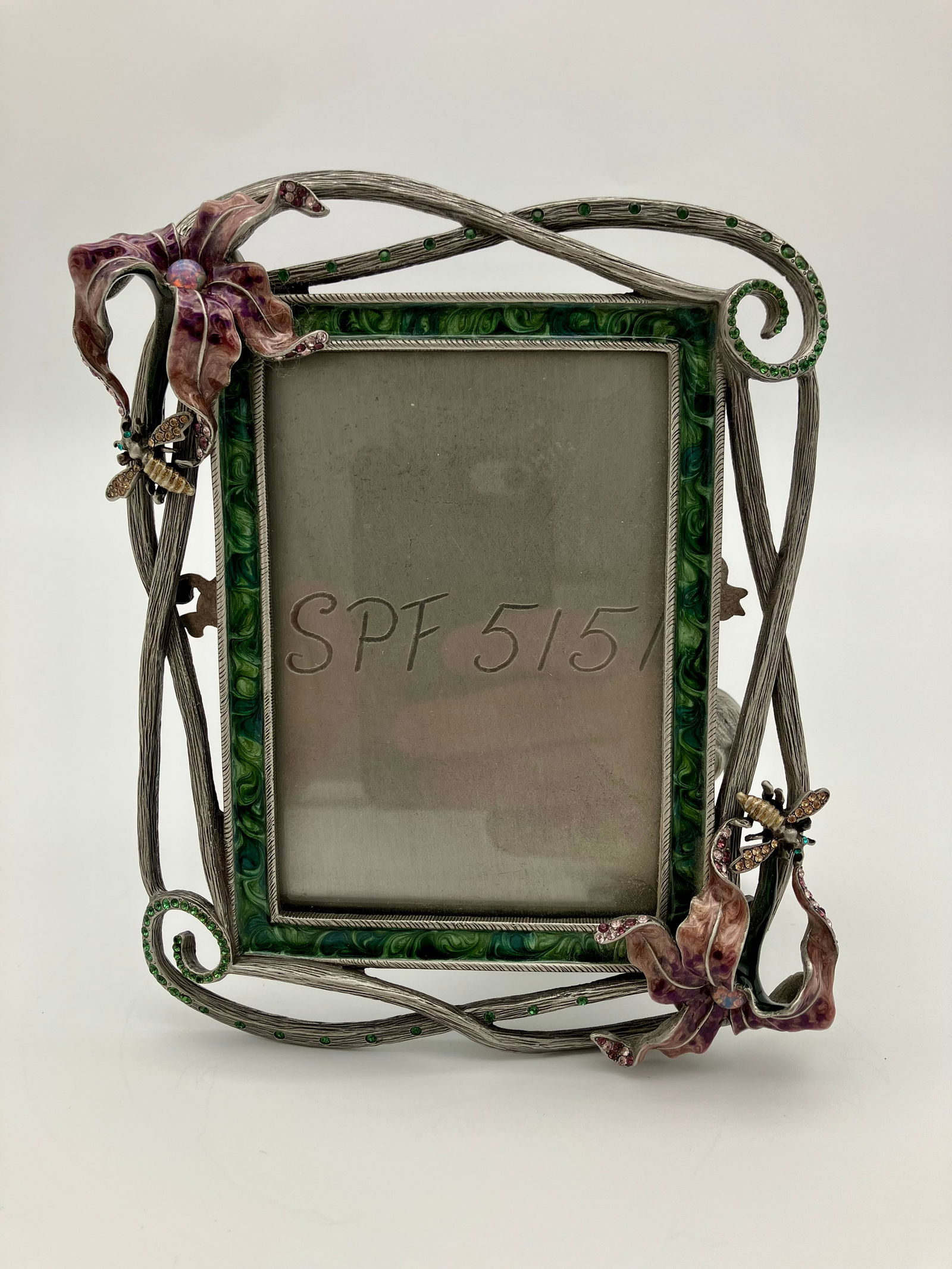 Jay Strongwater Green and Pink Lily Enamel Picture Frame with 2 Bees (1 of 4)
