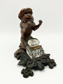 Antique 19th C Black Forest Monkey Carved Wood Inkwell