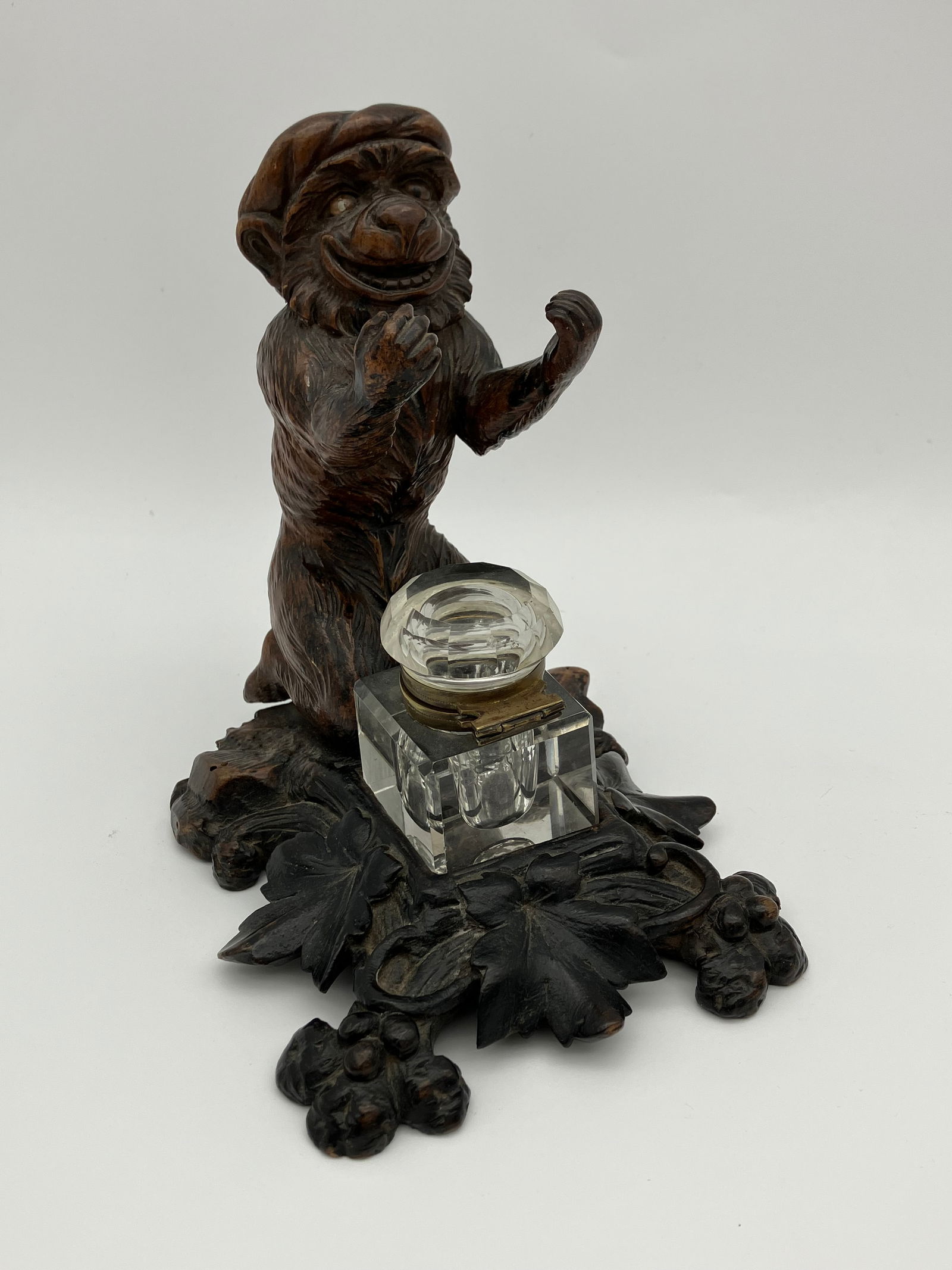 Antique 19th C Black Forest Monkey Carved Wood Inkwell (1 of 6)
