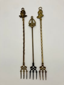 Lot of Antique English Brass Toasting Forks-Lighthouse, Shakespeare, Bulldog