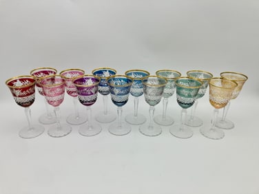 Set of 14 Colored Crystal Bohamian Wine Glasses