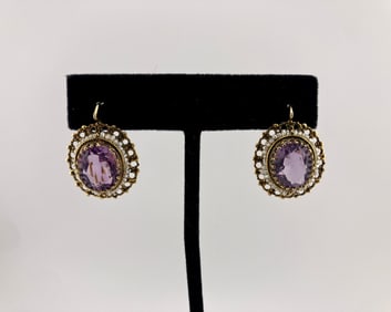 Antique 14K Gold Edwardian Amethyst and Seed Pearl Earrings
