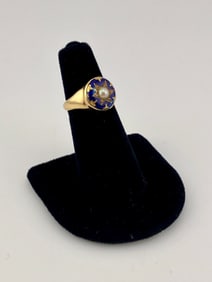 18K Gold English Georgian Blue enamel and Pearl Star Ring