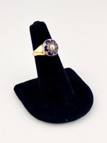 18K Gold English Georgian Blue enamel and Pearl Star Ring