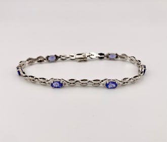 14K Gold White Gold Tanzanite and Diamond Tennis Bracelet