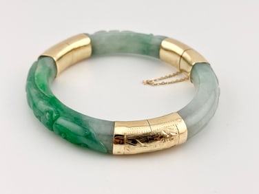 14K Gold Carved Jade Bangle Bracelet