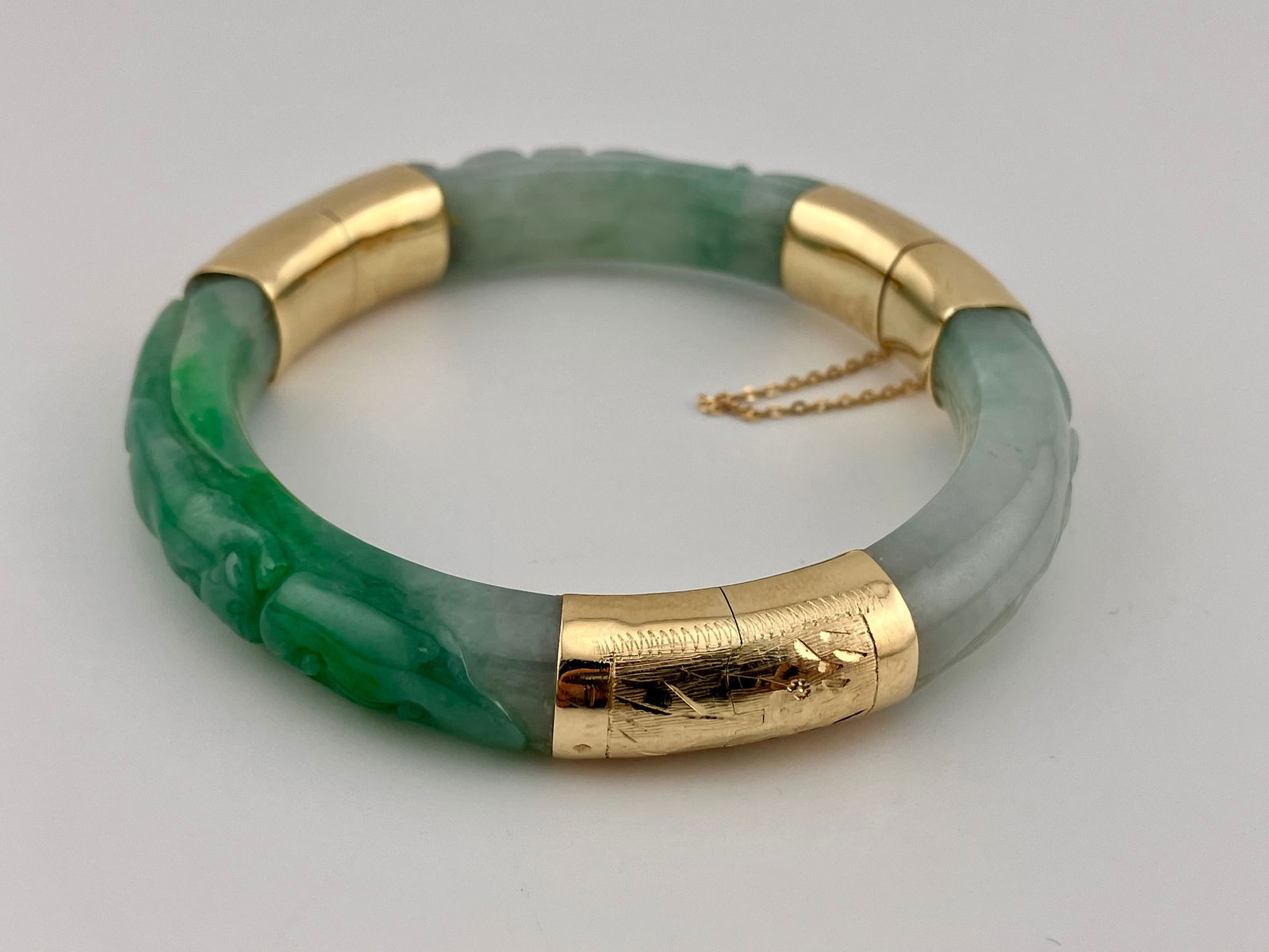 14K Gold Carved Jade Bangle Bracelet (1 of 3)