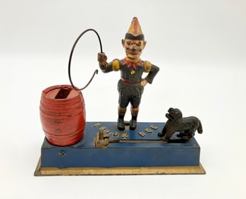 Antique Trick Dog and Clown Cast Iron Mechanical Bank