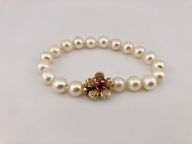 14K Pearl, Ruby, & Diamond Bracelet