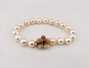14K Pearl, Ruby, & Diamond Bracelet