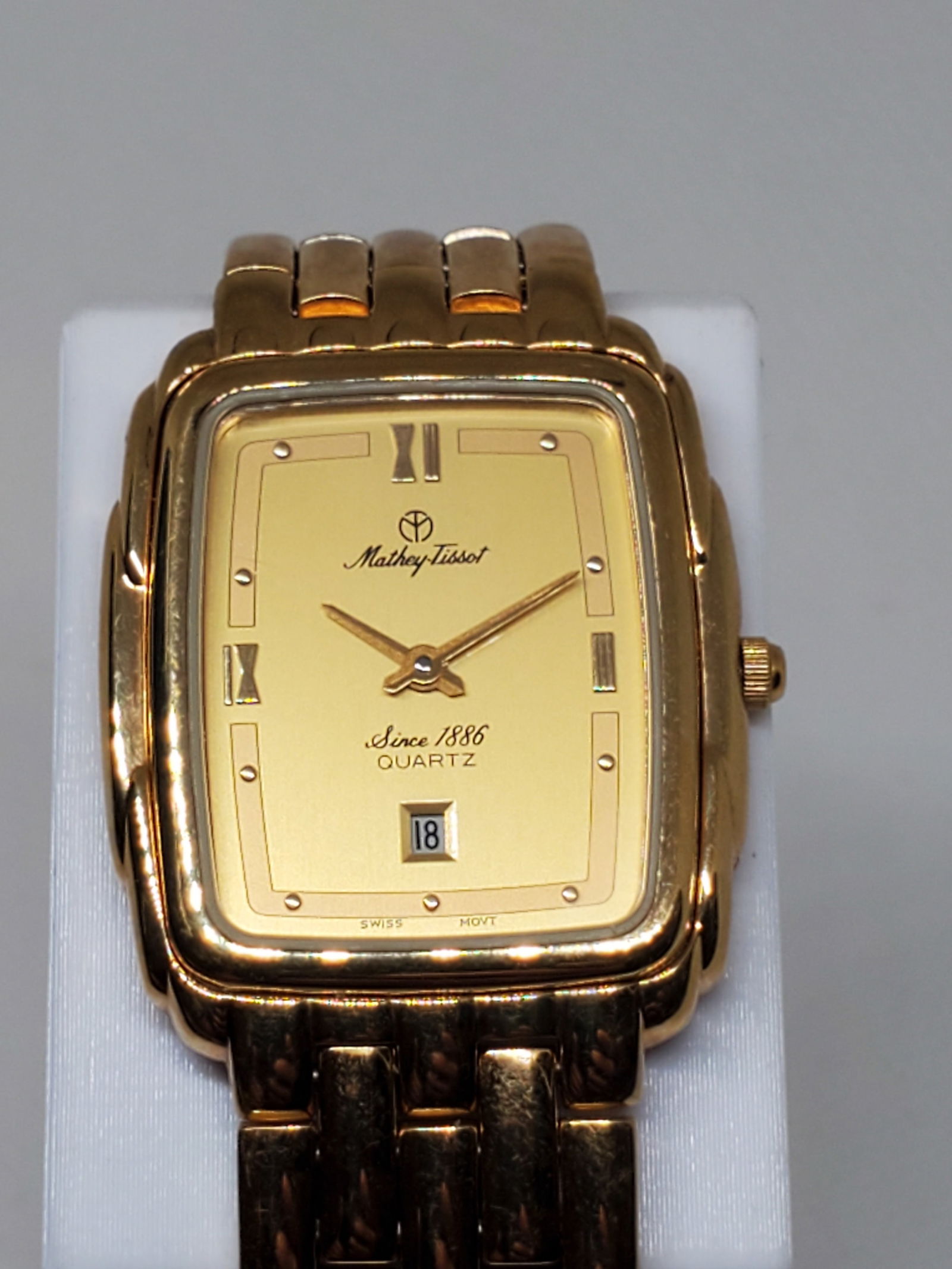 Mathey Tissot Mens Gold Plated Thank Watch, 1990s - Vintage Collection -: Working condition Mathey-Tissot Grand Prix, a timepiece that perfectly balances elegance and refined functionality. Its gold dial, beautifully complemented by a metallic bracelet measuring 8? wrist si