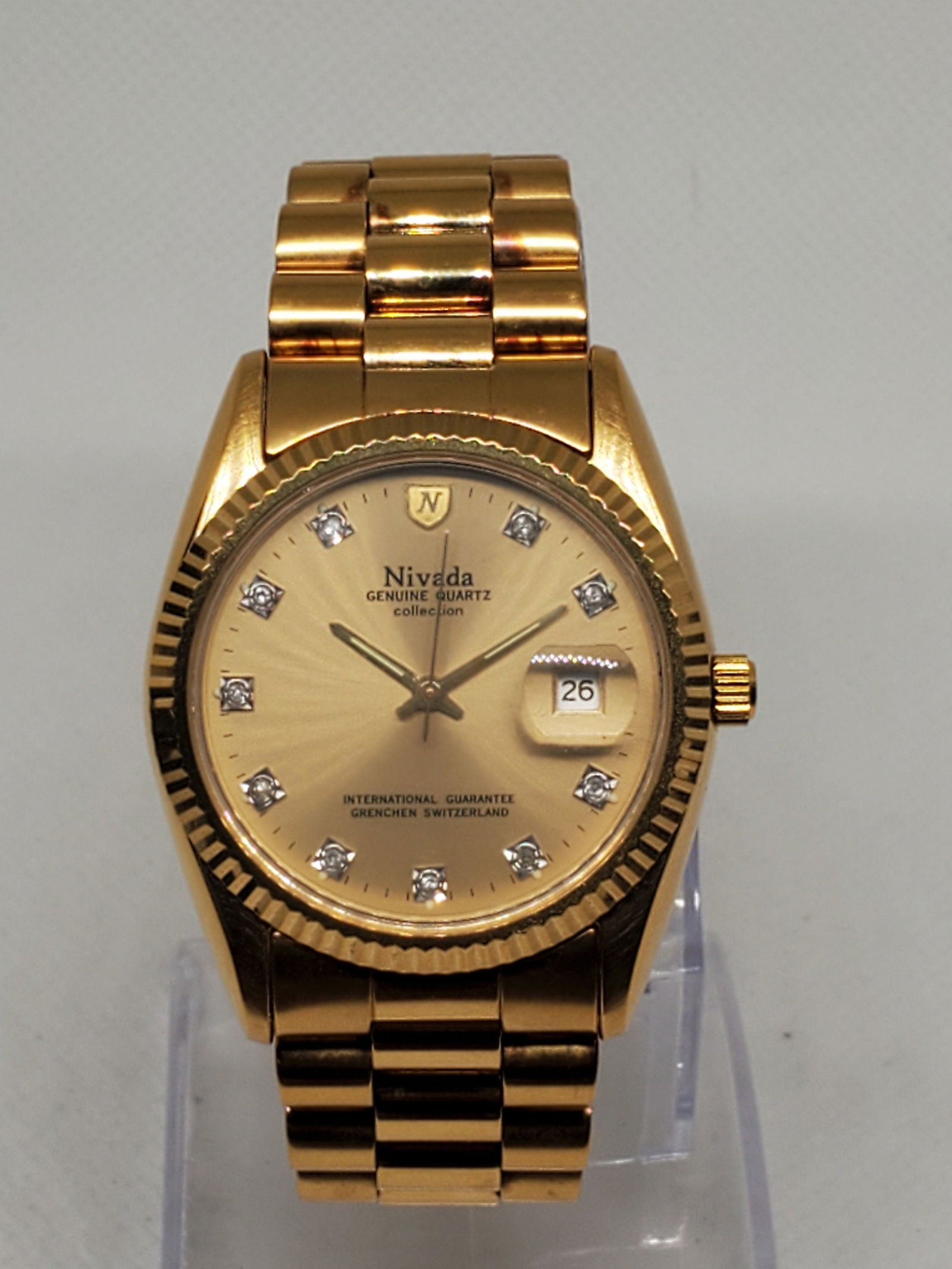 Nivada Grenchen N90078G Gold Tone Luxury Watch 36mm Date Swiss, 1990s (1 of 13)