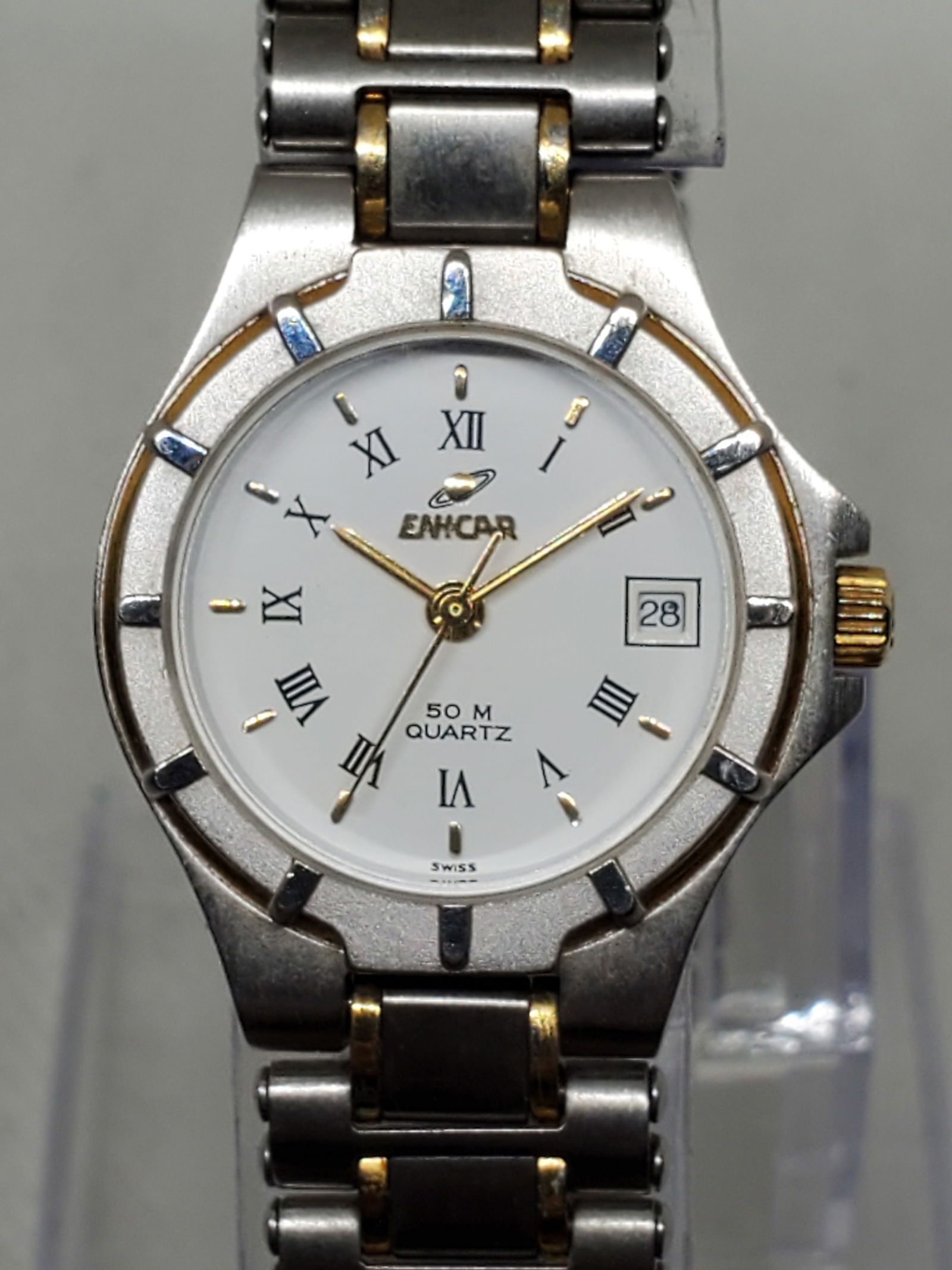 Elegant Enicar Swiss Quartz Two-Tone Dress Watch 24mm White Dial with Date, 1990s (1 of 12)