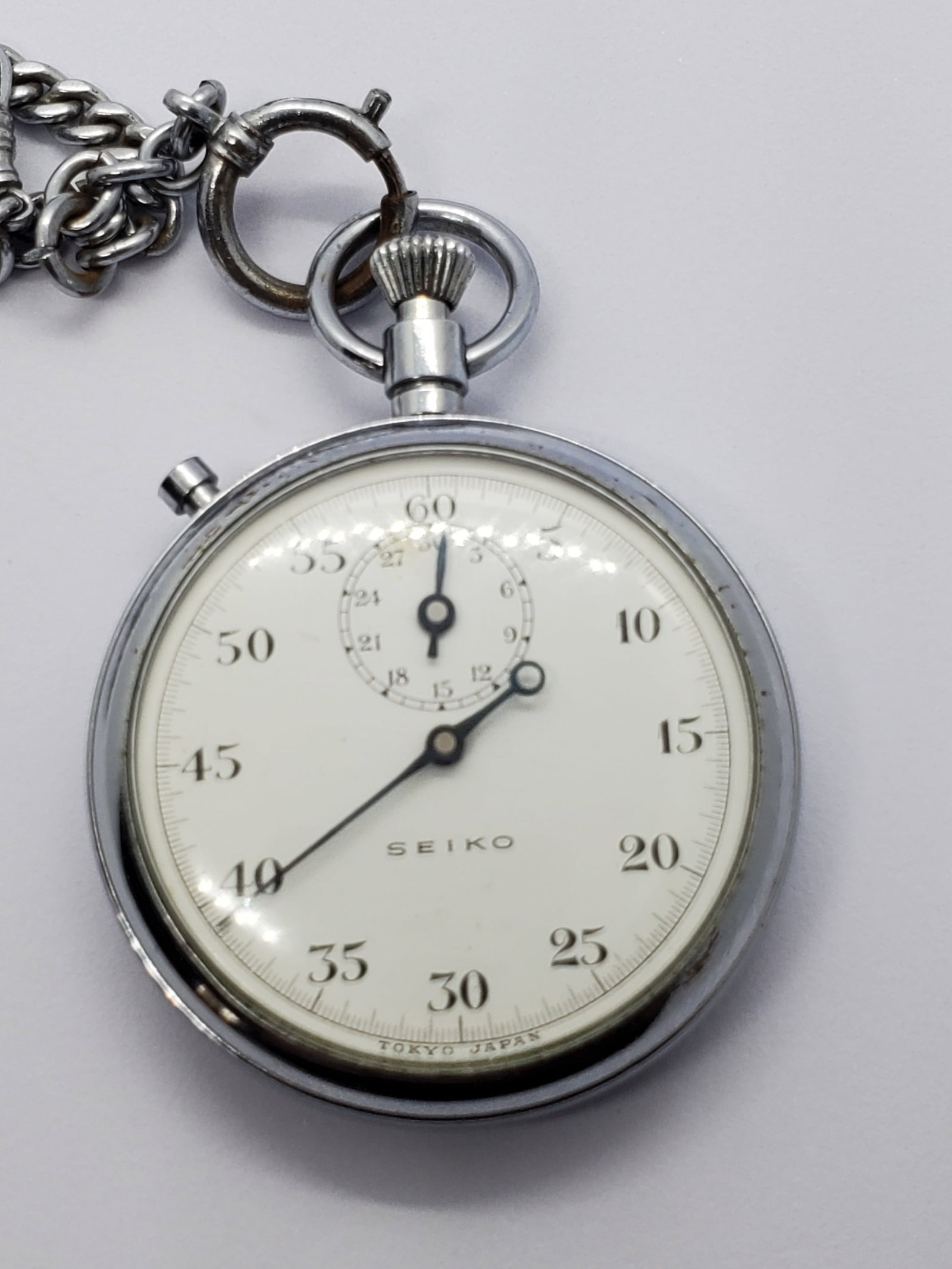 Vintage Seiko Mechanical Stopwatch 47mm White Dial Chain Japan Sports Timer (1 of 12)