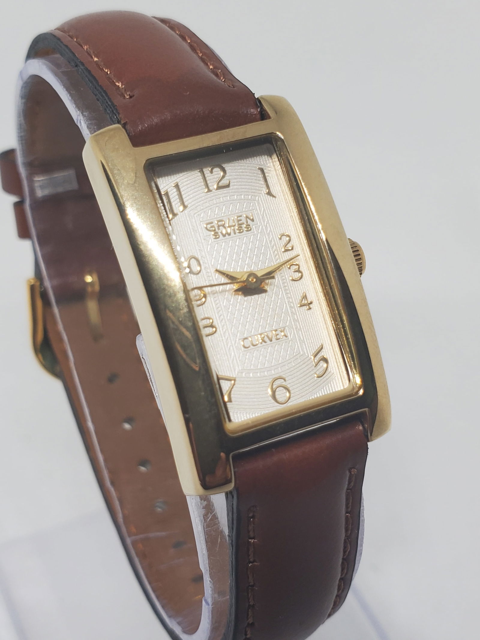 Vintage Gruen Curvex Quartz Gold Tone Dress Watch Curved Case Leather Strap, 1990s (1 of 13)