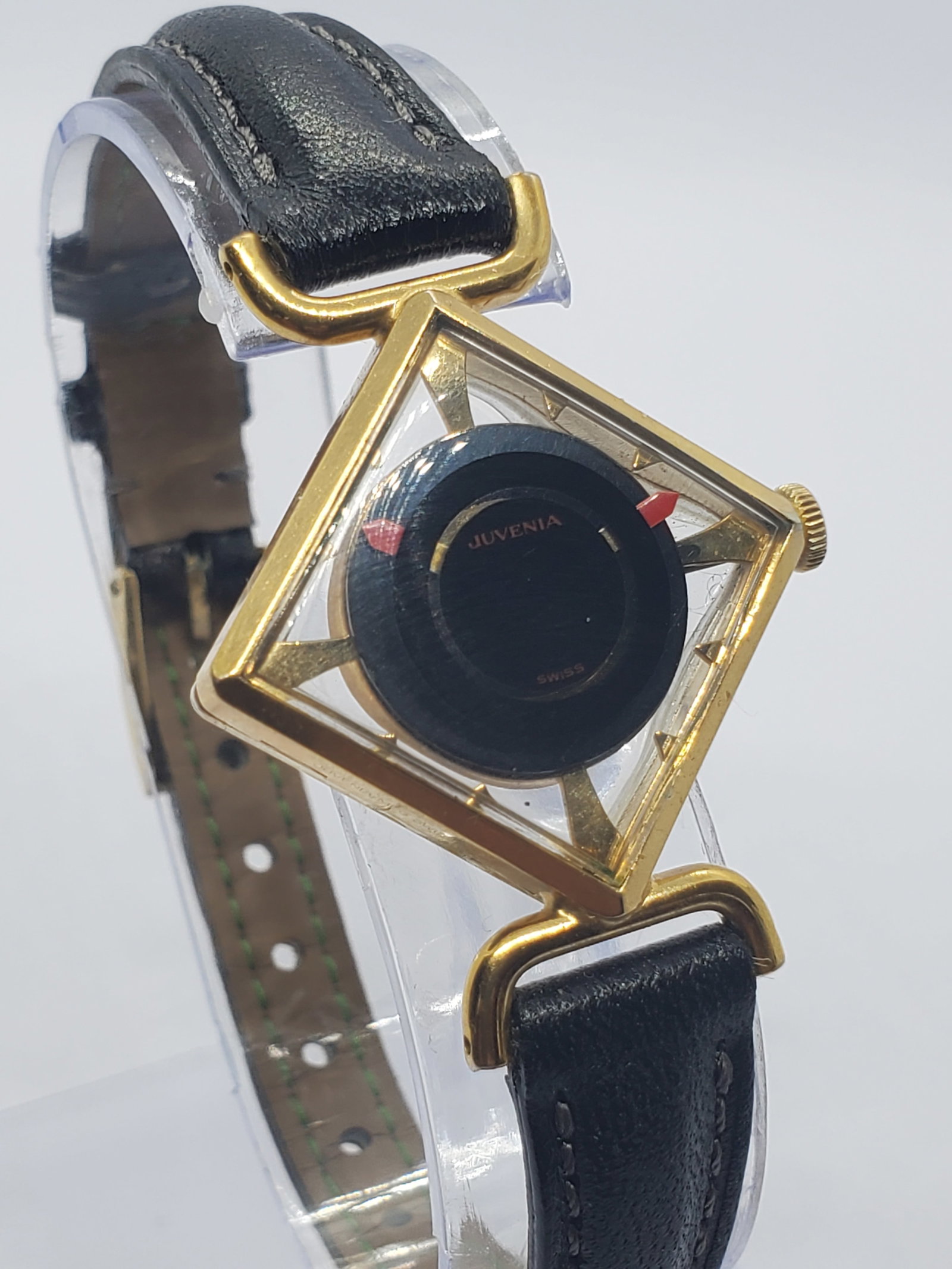 Juvenia Mystere Vintage Manual Skeleton Diamond Case Swiss Dress Watch, 1960s: This elegant Juvenia Mystere dress watch showcases the brand?s celebrated creativity and technical finesse, combining refined Swiss watchmaking with an unmistakable Art Deco inspired design. Founded i