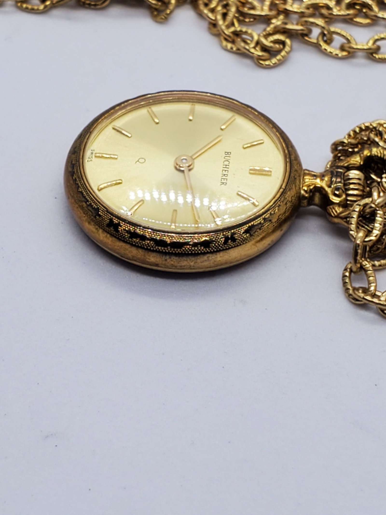 Bucherer Gold Pendant Watch With Necklace Swiss Quartz, 24mm, 1980s, Working (1 of 10)