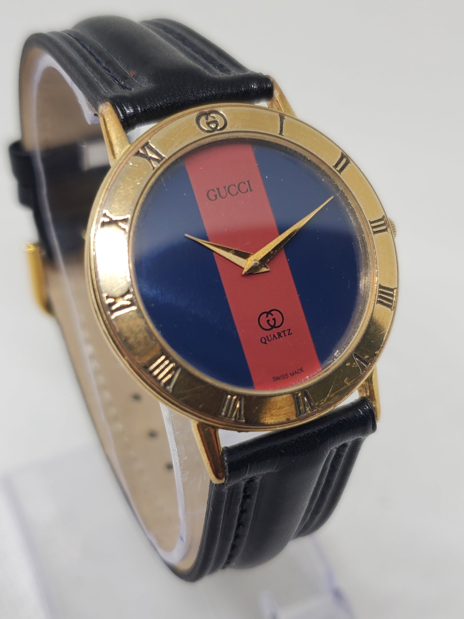 Gucci 3001M Vintage Dress Watch Gold Bezel Red Blue Stripe Swiss Quartz, 33mm, 1990s, Working (1 of 12)
