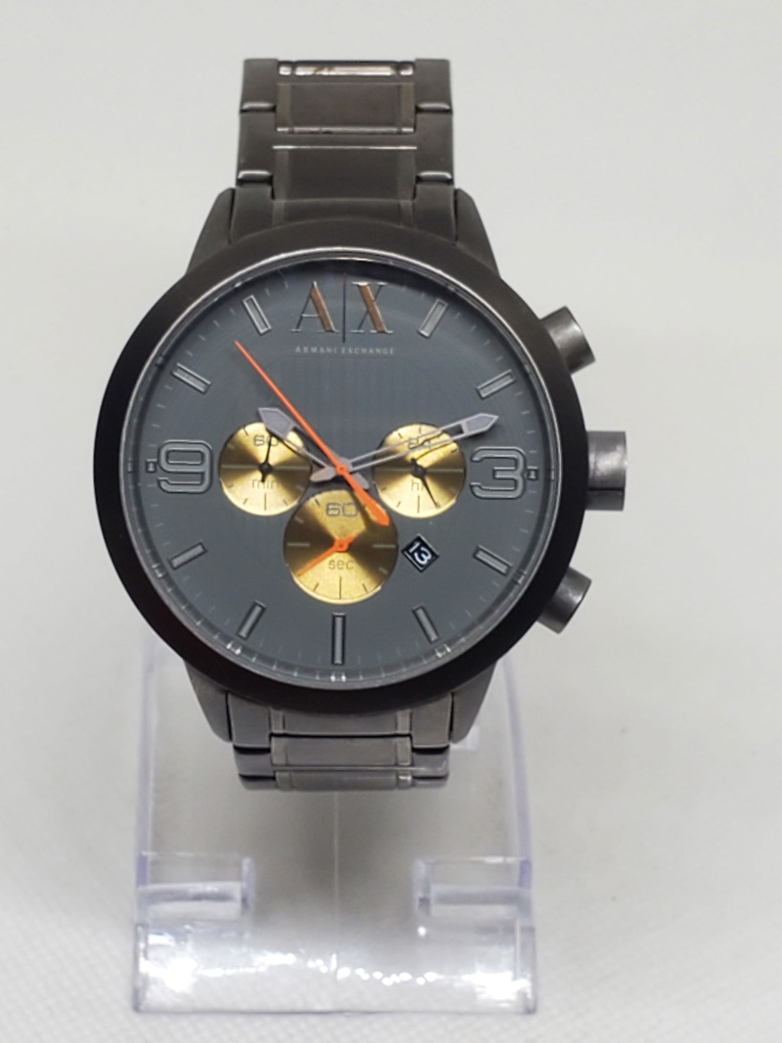 Armani Exchange AX1279 Chronograph Gunmetal 48mm Gray/Gold Watch, 2010s, Working: This Armani Exchange AX1279 watch blends bold modern style with everyday functionality, making it a perfect accessory for the contemporary man. The robust 48mm gunmetal tone stainless steel case house