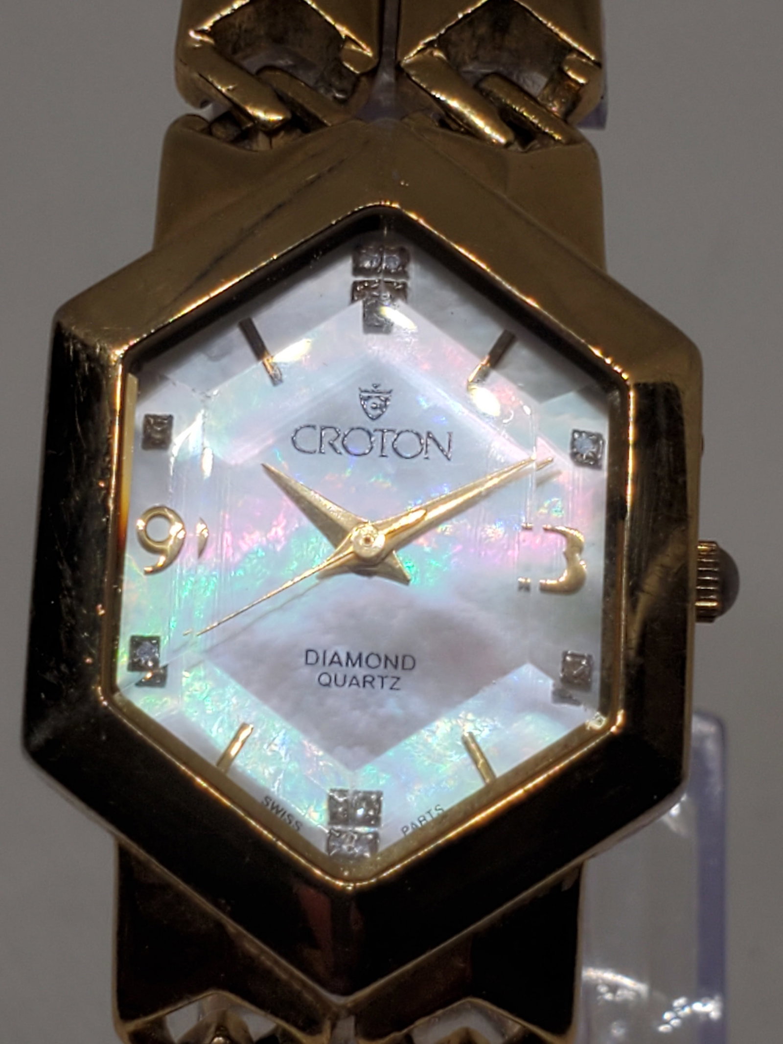 Elegant Croton Diamond Quartz Hexagonal Watch Mother of Pearl Dial 24mm, 1990s, Working (1 of 10)
