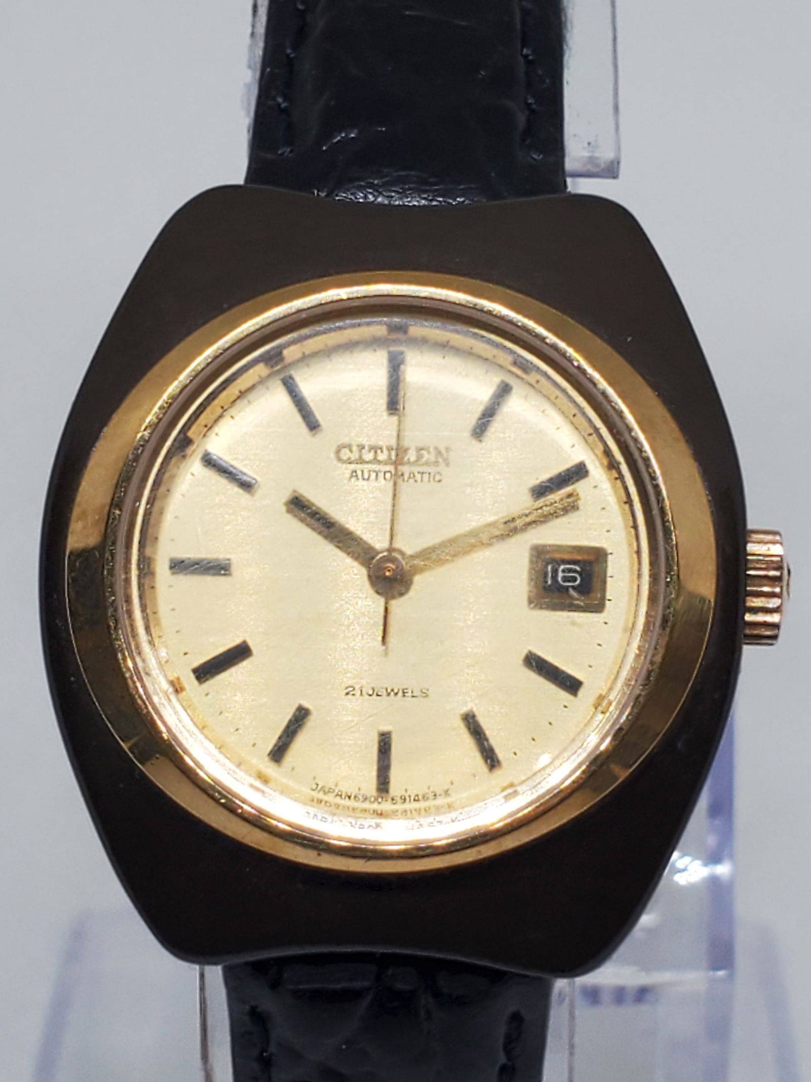Vintage Citizen Automatic Coated Case Gold Dial Date Watch 28mm x 31mm, 1970s, Working: This vintage Citizen Automatic watch combines elegance, innovation, and the durability that has made Citizen one of the most respected names in horology. Featuring a rare coated case paired with a gol