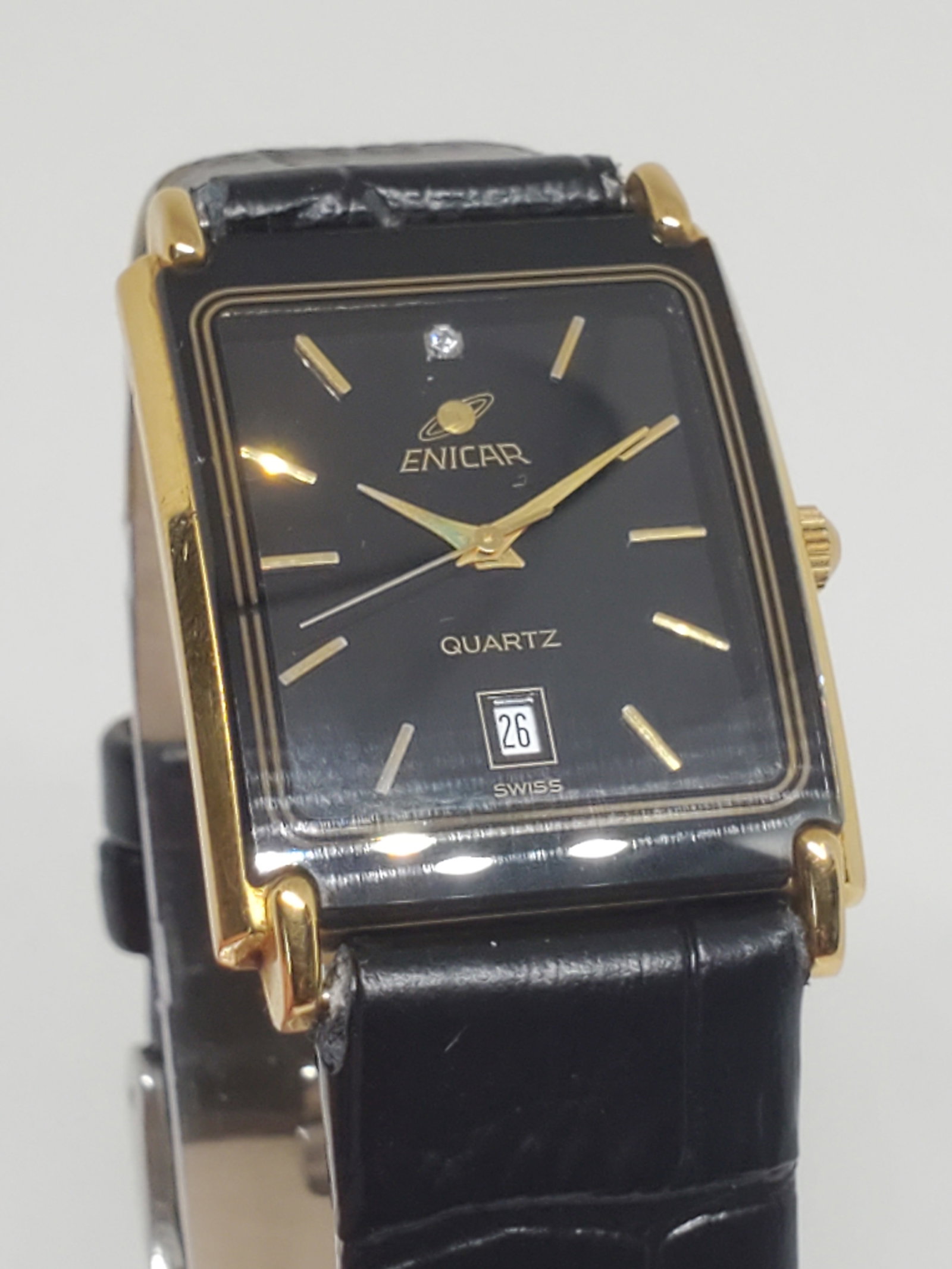 Enicar 14K Gold Plated Diamond Black Watch, 1990s, Working (1 of 9)