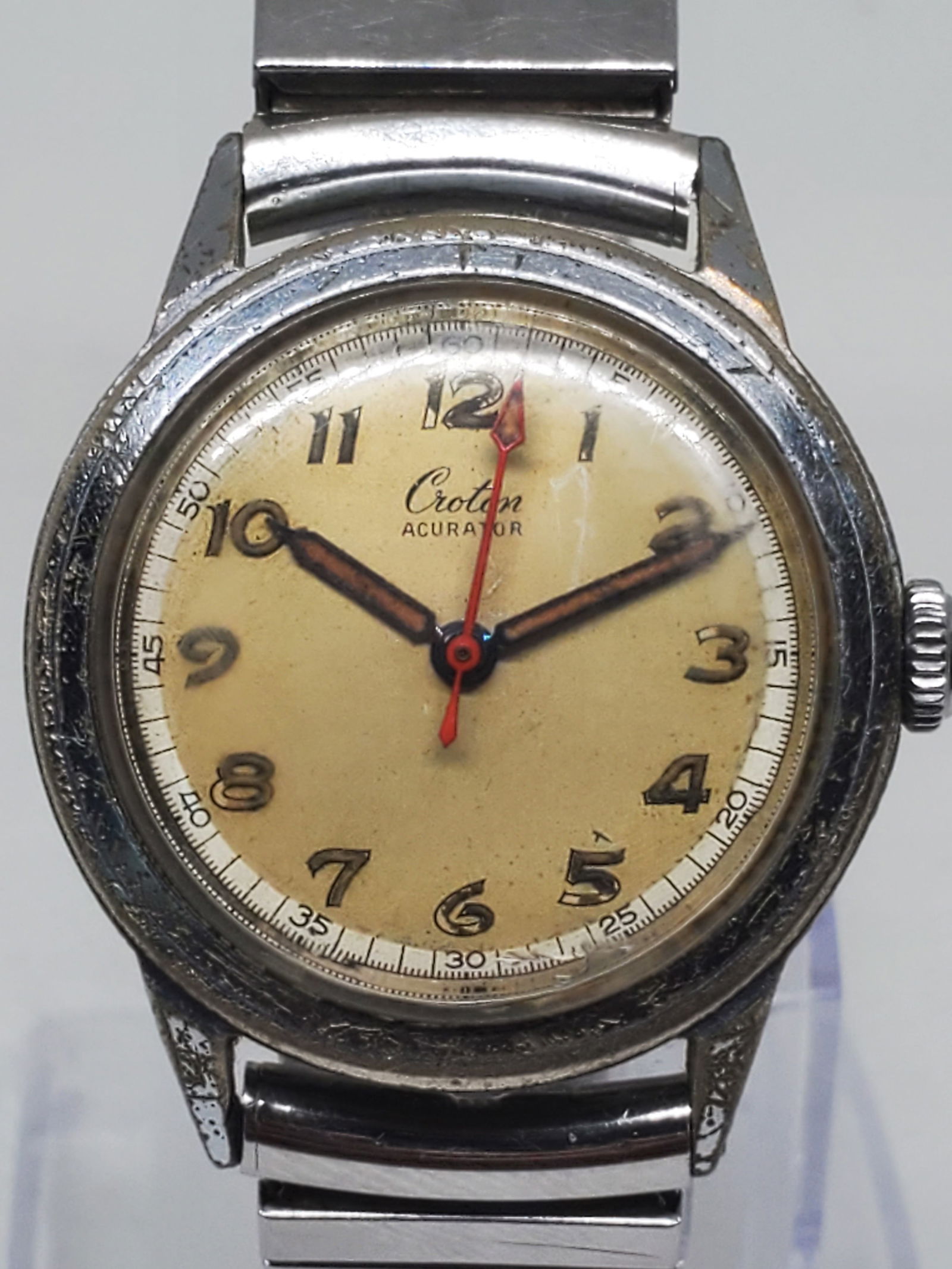 Croton Acurator Manual Mens Watch, 1950s, Working: This vintage Croton Acurator running offers timeless charm with a rugged edge, ideal for collectors and enthusiasts of mid century design. Powered by a manual movement, it features a 31mm (1.2") chrom