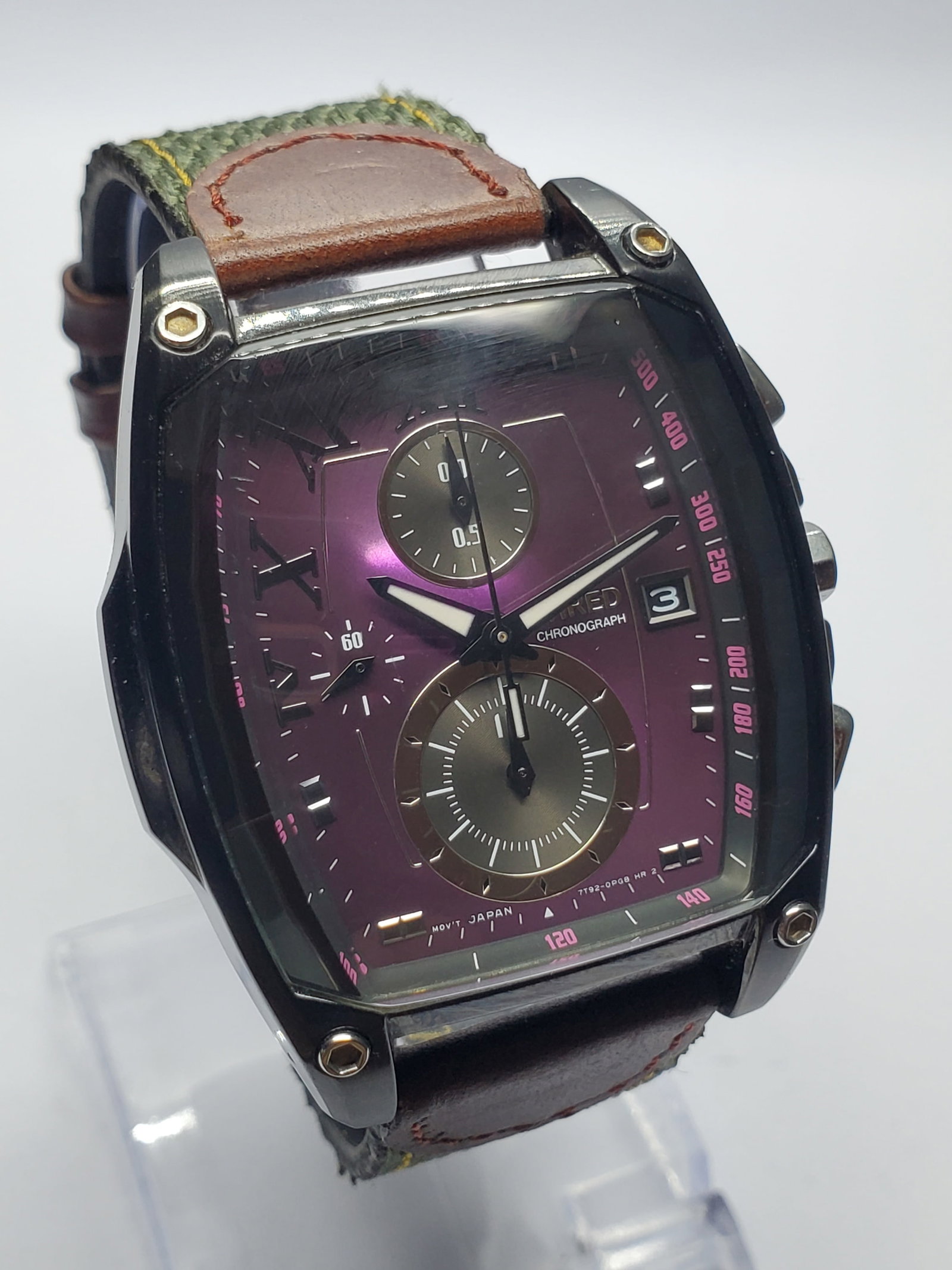 Seiko Wired 7T92 Chronograph Purple Dial Tank Watch Cut Glass Japan, 2010, Working (1 of 13)
