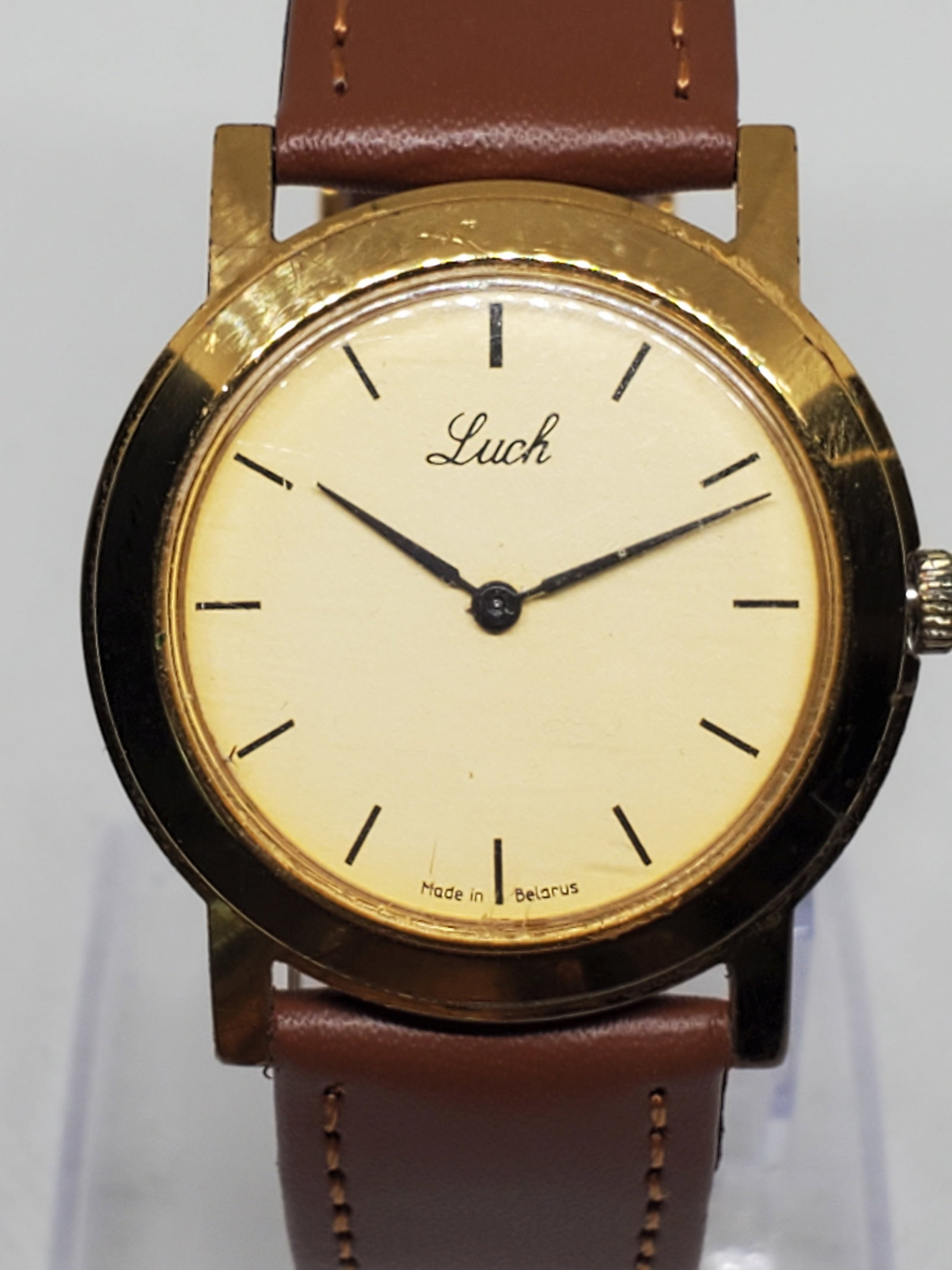 Vintage Luch 193 Manual Dress Watch Gold Tone 33mm USSR Belarus, 1980s, Working: This vintage Luch 193 dress watch embodies the understated elegance and minimalist prestige that collectors value in Soviet era horology. Featuring a manual movement, the watch is powered by tradition