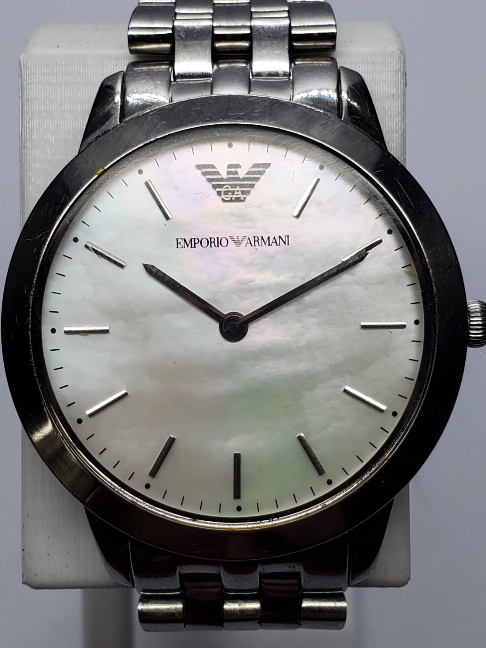 Emporio Armani Mother of Pearl Dial Watch, 33mm, 2010s, Working: Refined and effortlessly elegant, this Emporio Armani AR1750 quartz watch showcases the signature Italian design philosophy of Giorgio Armani, founded in 1975 in Milan, a brand synonymous with sophist