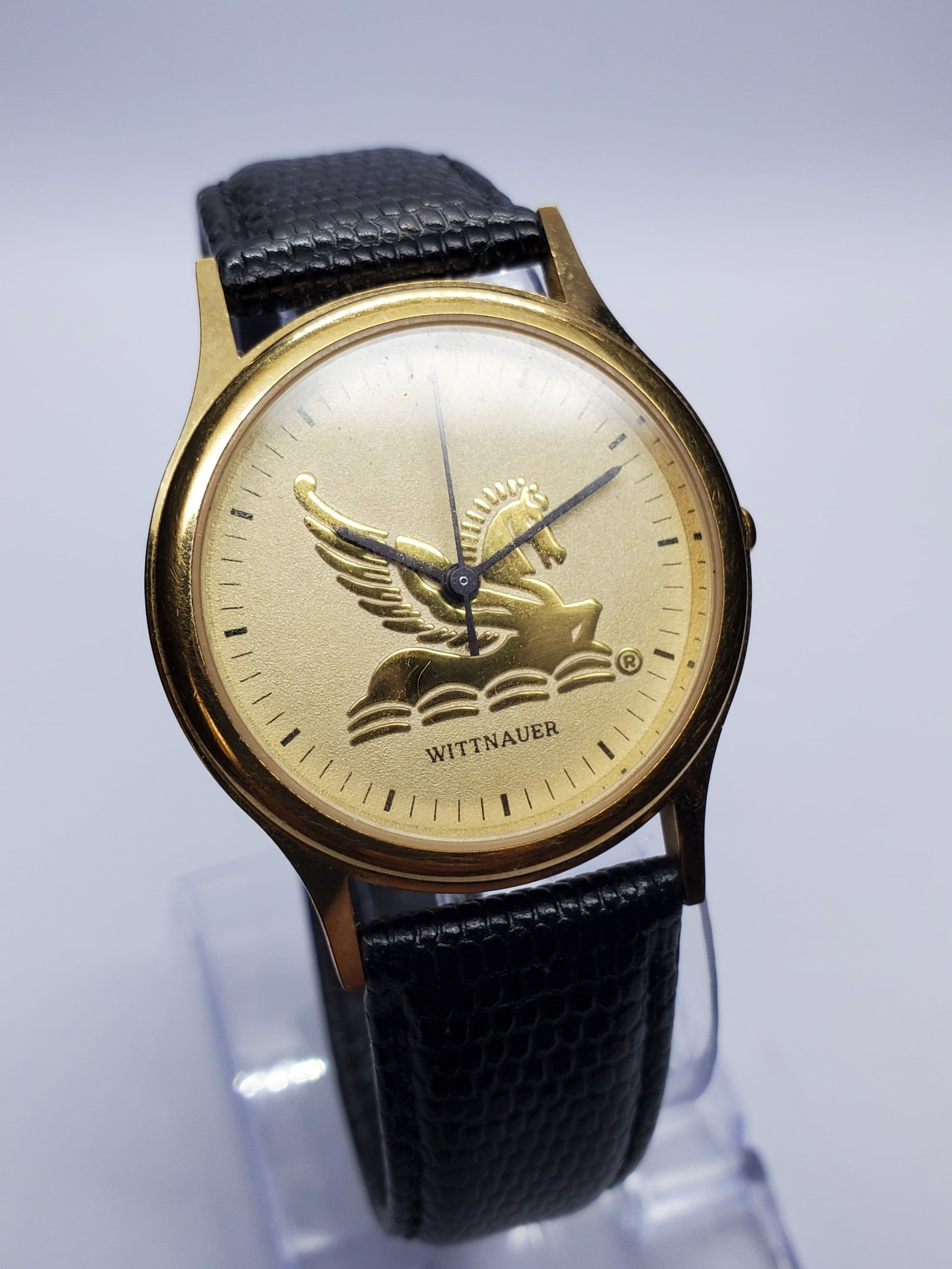 Vintage Wittnauer Pegasus Gold Plated Quartz Watch, 33mm, 1985 to 1995, Working: This elegant Wittnauer Pegasus quartz watch showcases the refined design heritage associated with the historic Swiss American brand. The watch features a classic gold plated case measuring approximate