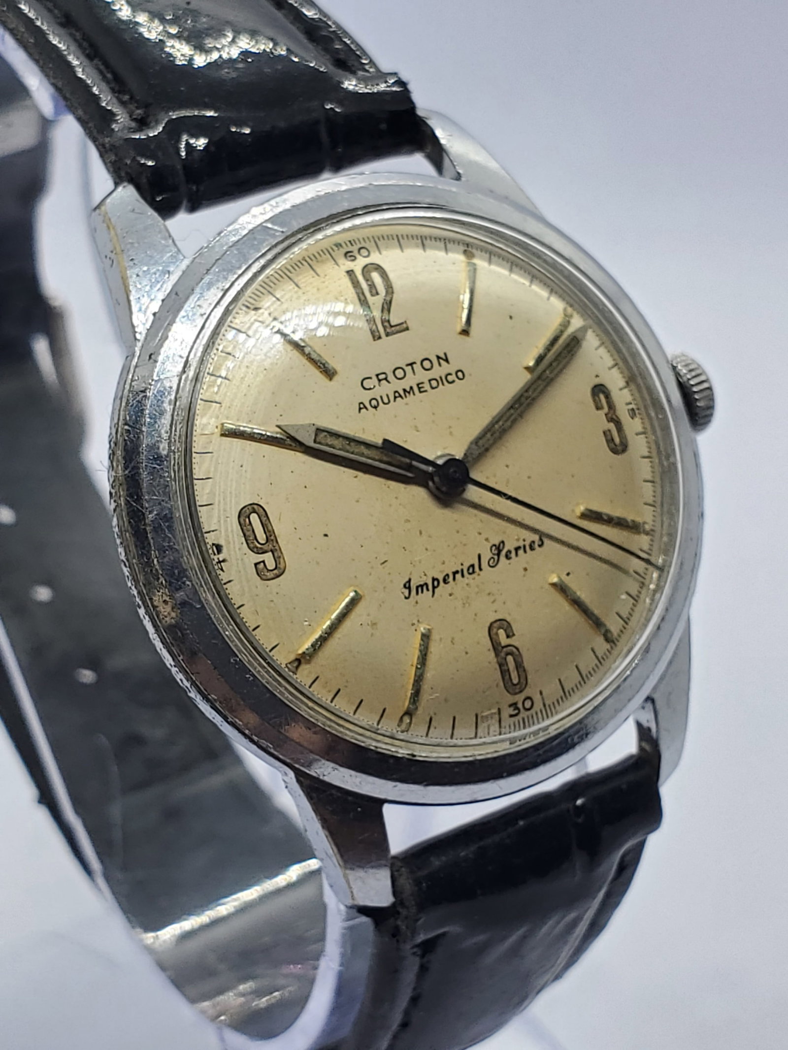 Vintage Croton Aquamedico Imperial Series Military Manual Wind Swiss Watch, 17 jewels, early 1950s,: This vintage Croton Aquamedico Imperial Series manual wind watch is a classic example of mid century military inspired Swiss watchmaking, combining understated elegance with practical durability. Feat