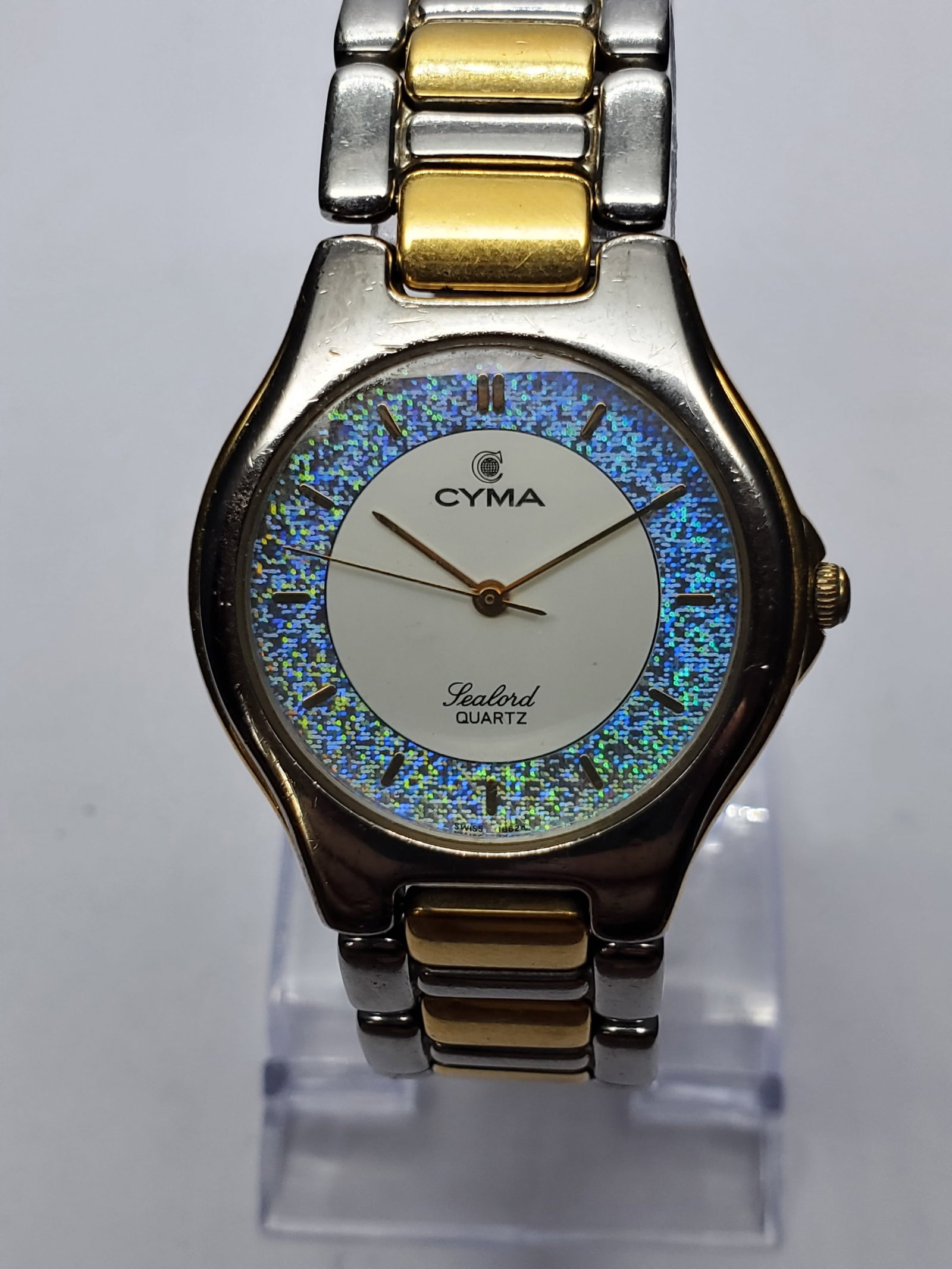 Rare Cyma SeaLord Holographic Mosaic Dial Dual Tone Swiss Watch, 32mm, 1980s, Working (1 of 13)