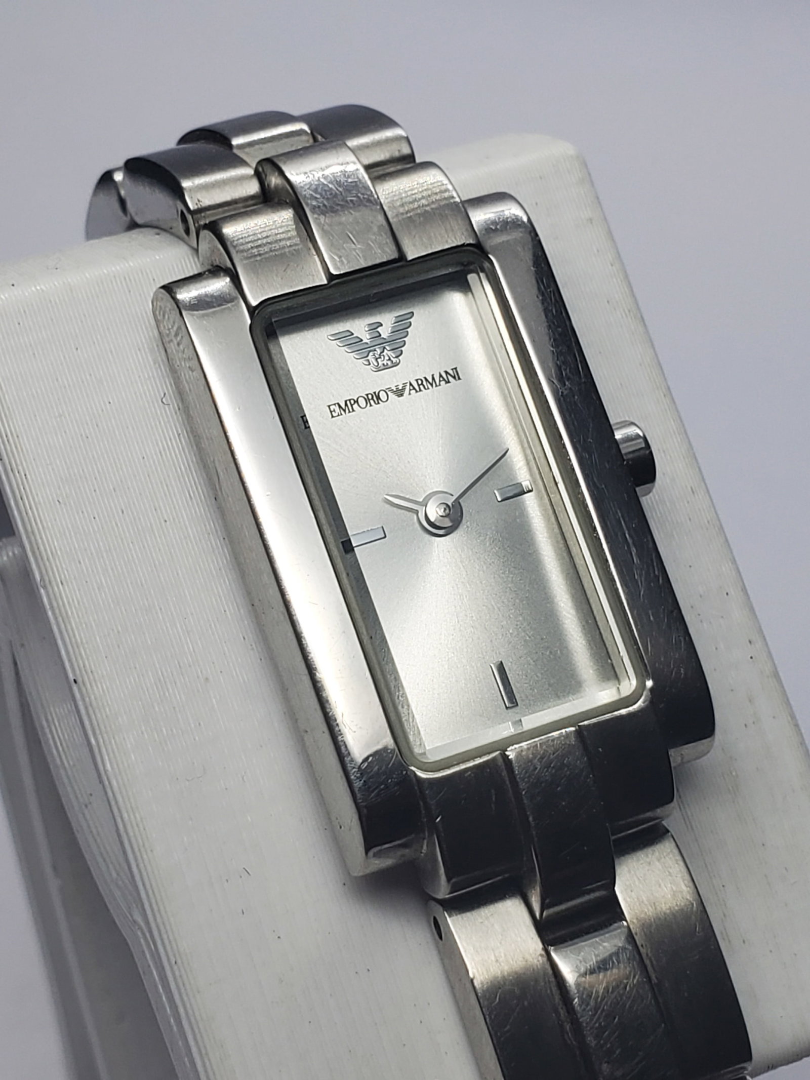 Emporio Armani Petite Silver Rectangular Minimalist Watch, 16x26mm, 2000s, Running (1 of 14)