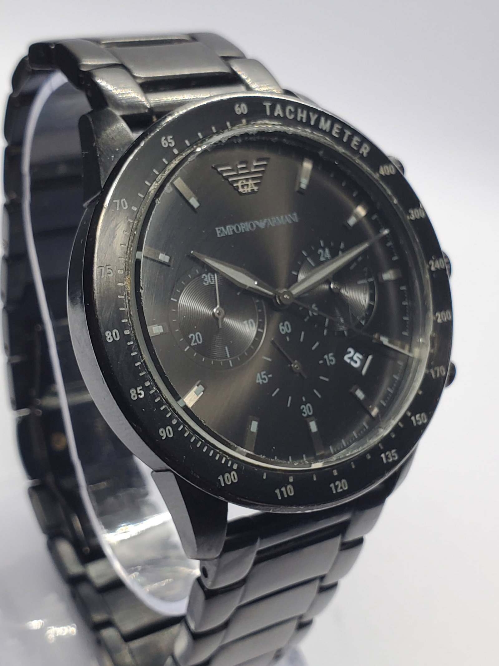 Vintage Emporio Armani Black Chronograph Watch 42mm with Box, 2018 to 2022, Running: This Emporio Armani AR11242 quartz chronograph watch delivers a bold and refined sports aesthetic with a sleek black stainless steel case and matching black dial enhanced by a subtle sunburst effect. 