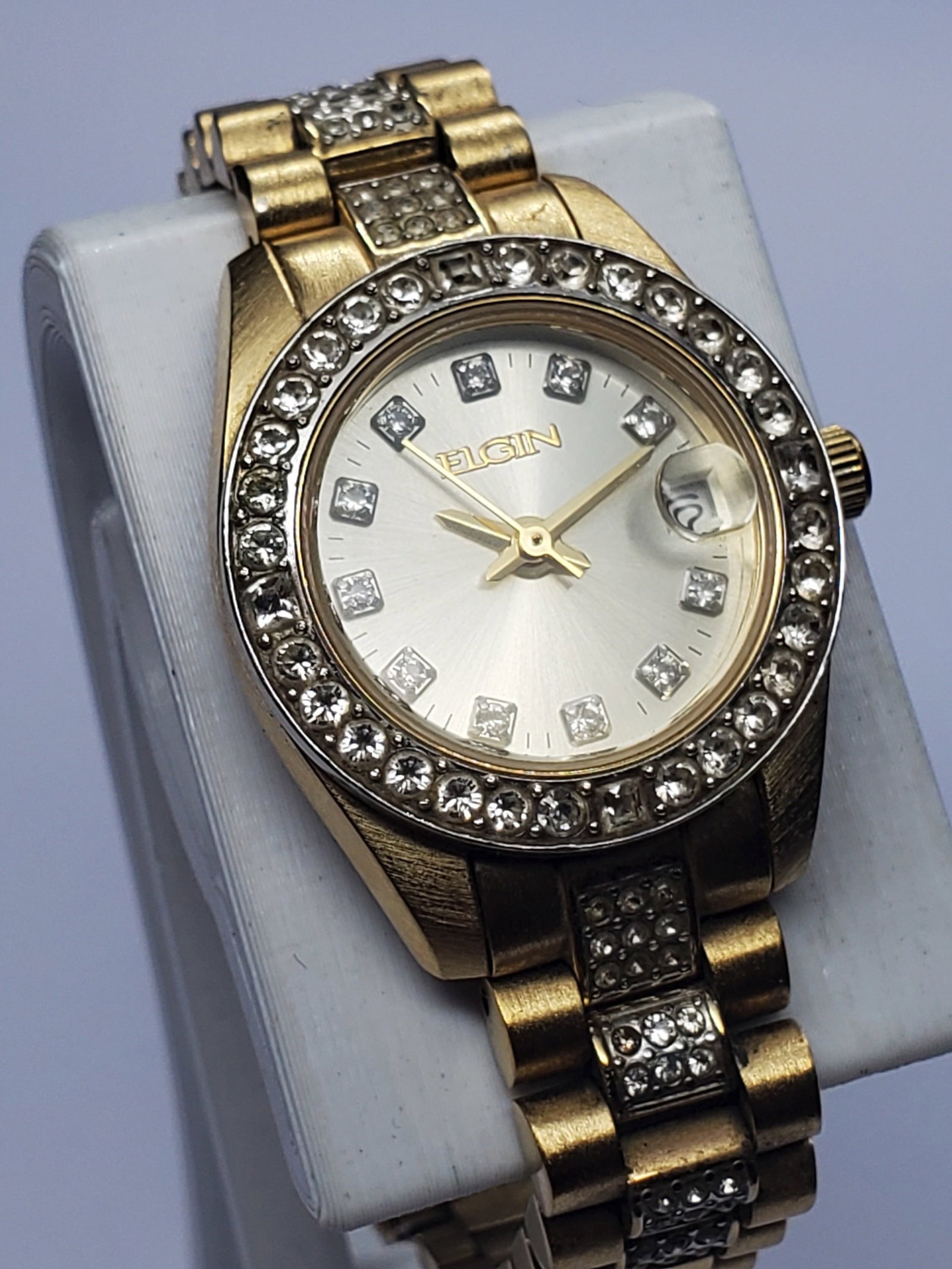 Vintage Elgin Crystal Bezel Gold Tone Dress Watch 25mm, 2000s, Running (1 of 13)