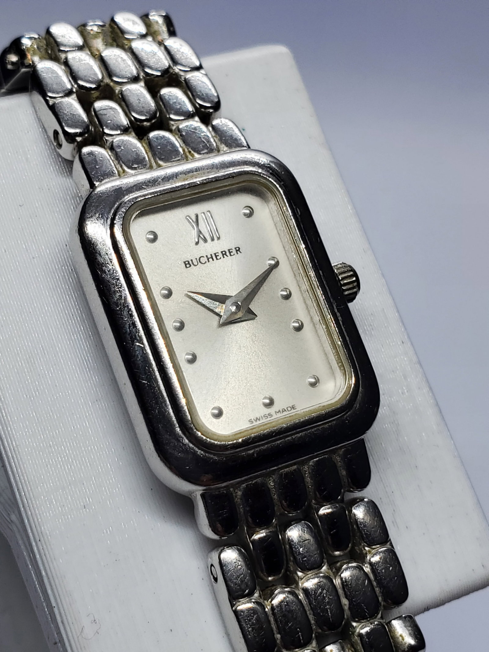 Vintage Bucherer Swiss Tank Quartz Watch Silver Dial Classic Dress, 1990s, Running