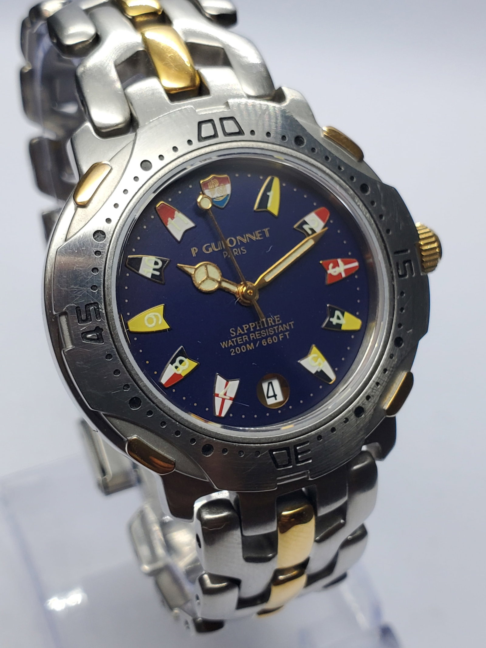 Vintage Pierre Guionnet Blue Dial Nautical Flag Diver Watch, 36mm, 1990s, Running